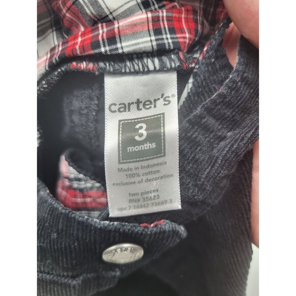Carter's Baby Boy 3M Corduroy Plaid Overalls Black Red Train Holiday - Picture 4 of 6
